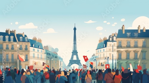 vector illustration, strike, protest demonstration in Paris. The population gathered for a rally in front of the city and the Eyfile Tower