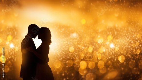 Silhouette of a couple embracing each other, set against a golden bokeh background.