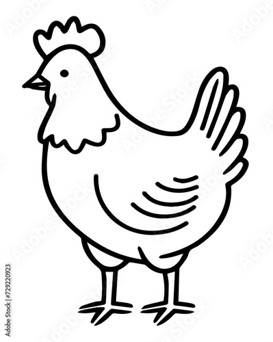 A simplistic black and white line drawing of a chicken against a transparent white background - side-view profile angle