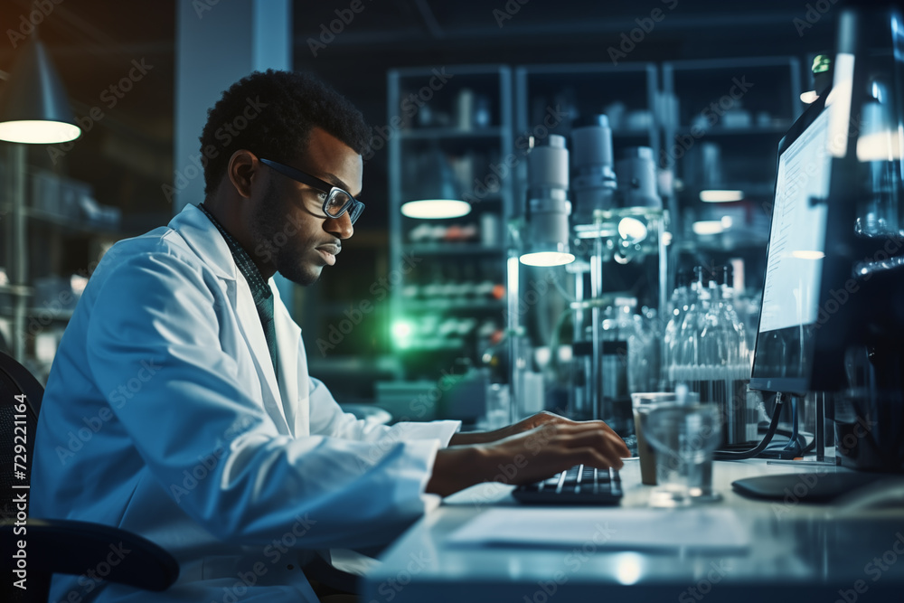 African American scientist using computer while working on new research in laboratory