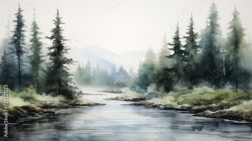A serene river winding through a dense, foggy forest. landscape watercolor Generative AI