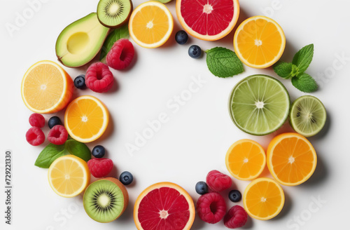 Many different fresh fruits on white background. Creative backdrop made of summer tropical fruits with leaves, grapefruit, orange, kiwi, berries, lemon. Food concept. Flat lay, top view, copy space