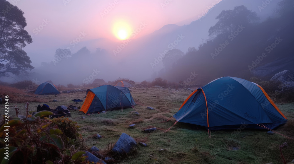 Camping tent of a hiker at beautiful Himalaya area in the misty morning sunrise.	
