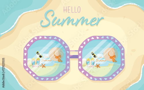Hello summer background with sunglasses on sea beach. Bright summer banner for beach resort holiday. Sunglasses on the sand, bright summer background