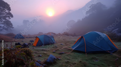 Camping tent of a hiker at beautiful Himalaya area in the misty morning sunrise. 