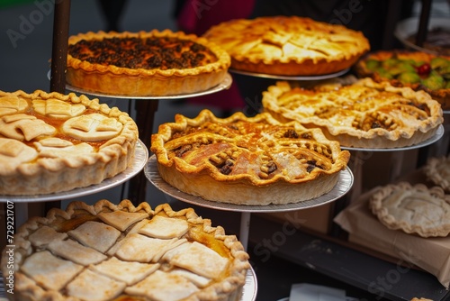 stand with various types of homemade pies on display