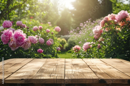 an empty boardwalk outside against the background of peonies in the garden. the display of your product.