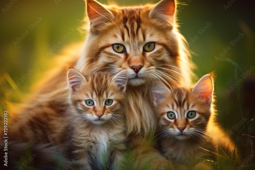 mother cat with her young ones , cuddled together. motherhood in animals, family, brood.