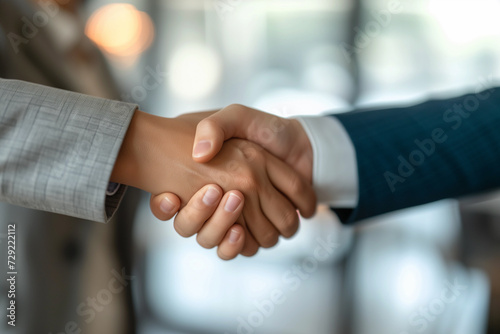 Business professionals shaking hands within office setting, symbolizing deal, collaboration, or onboarding. Team members exemplify professionalism, extending agreement, welcome, or greeting