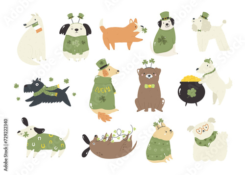 Set of cartoon, flat dogs, puppy in traditional costumes of Saint Patrick's Day