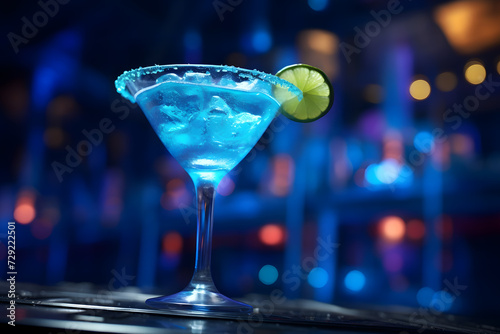 Blue cocktail with lime in a nightclub