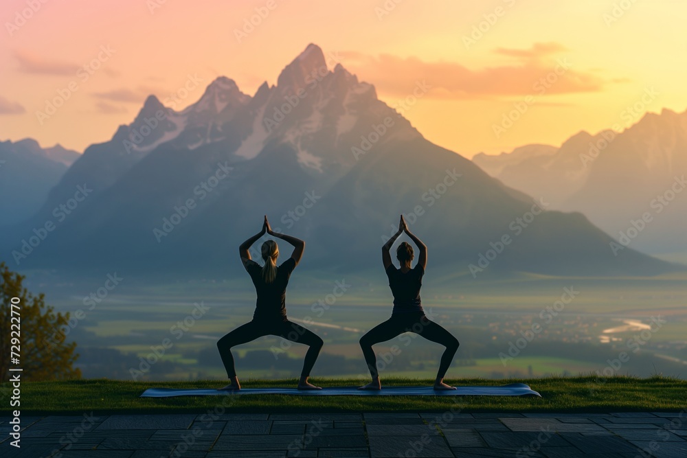 pair practicing sunrise yoga, mountain vista in front, in peaceful poses
