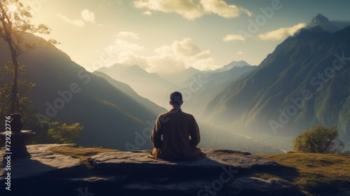 A yogi in a meditative pose, finding solace and rejuvenation amidst the tranquil mountain landscape. Generative AI © vadosloginov