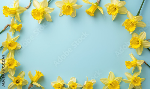 Yellow Daffodils Arranged in Circle on Blue Background