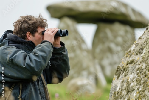 birdwatcher with binoculars near dolmen