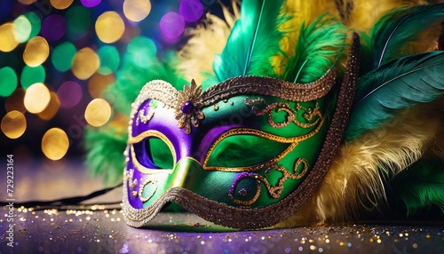 Colorful Mardi Gras masquerade mask with feathers, dark bokeh. Venetian festival. Carnival disguise. photo
