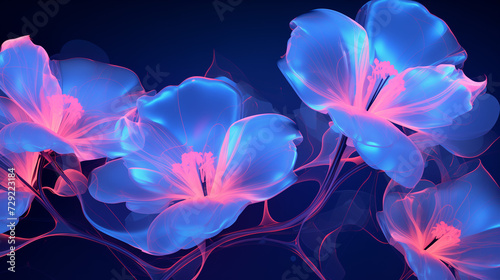 Group of Blue Neon Flowers With Pink Petals. Background  wallpaper.