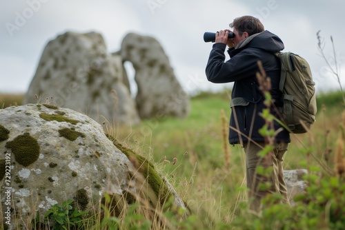 birdwatcher with binoculars near dolmen photo