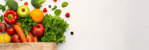 Background of nutritious food delivery, Vegetarian food in paper on white backdrop, with space for text, banner background