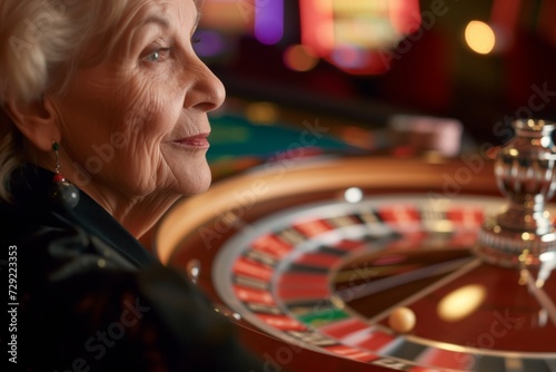 older woman gazing at spinning roulette wheel
