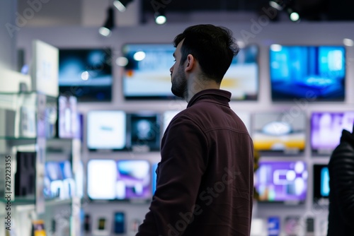 man passing a digital screen placeholder in electronics section