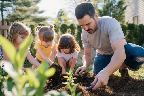 dad teaching kids to spread mulch around plants