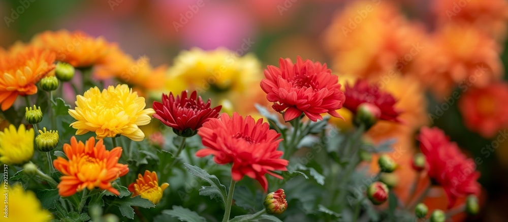 Blooming red, orange, and yellow chrysanthemums in autumn garden named Kasimpati or Krizantem in Turkish. Blooming red, orange, and yellow chrysanthemums in autumn garden named Kasimpati or Krizantem in Turkish.