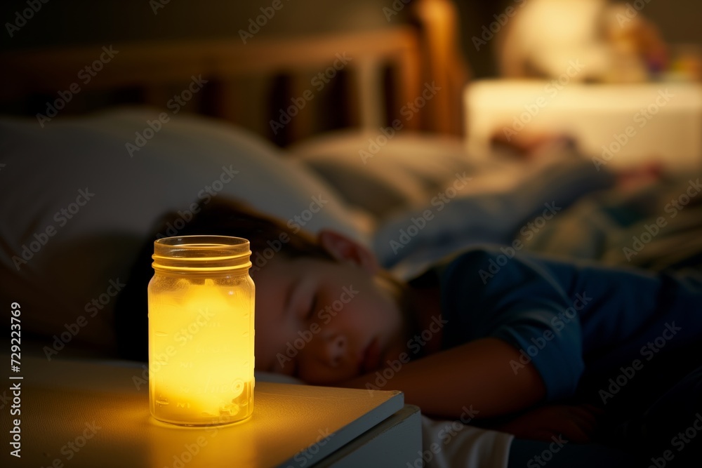 jar on a bedside table casting a glow, kid asleep in the background jar on a bedside table casting a glow, kid asleep in the background