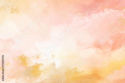 beautiful pastel pink peach color abstract painting with expressive brush strokes and a touch of golden paint enamel. trendy peach fuzz horizontal poster or background illustration with copy space.