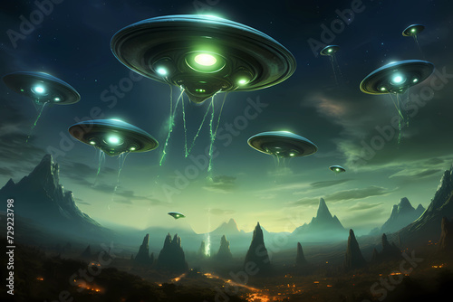 Flying saucers on an uninhabited planet. Alien invasion. Group of spaceships takes off from the surface of burning planet