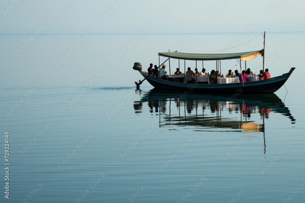 boat anchored with people dining on calm water