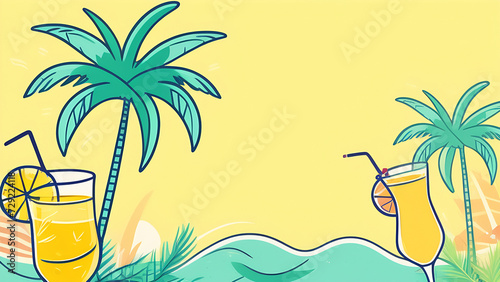 Two summer coctails and palms on yellow background. Lime  straw and ocean  a refreshing drink for a fun holiday. Beach bar  trip to a tropical country  relaxation by the sea. Close up