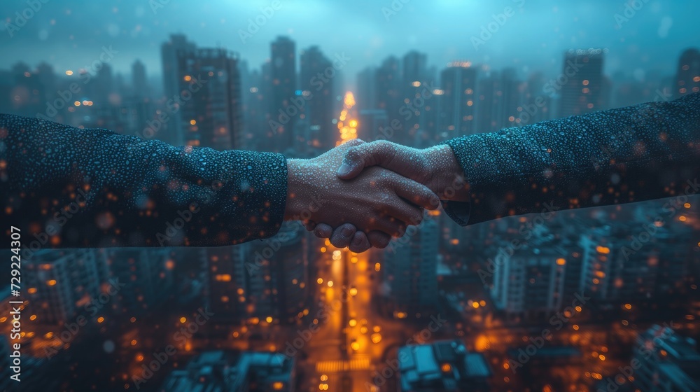 Obraz premium A conceptual photograph of a handshake between two business professionals against the backdrop of a city skyline, signifying partnership, negotiation, and the closing of deals in the corporate world