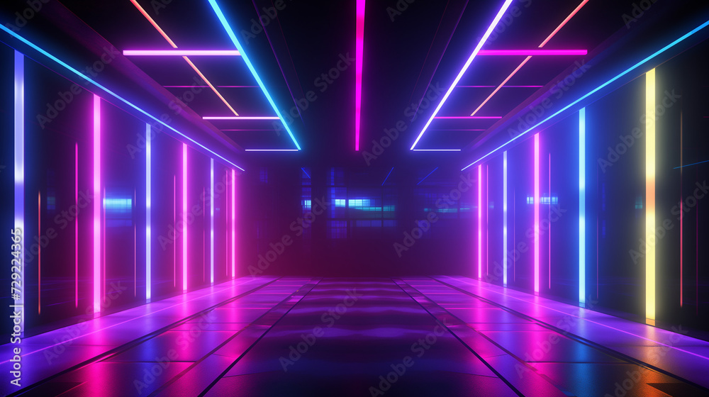 A Long Hallway Illuminated With Neon Lights, Futuristic hall. Copy space.