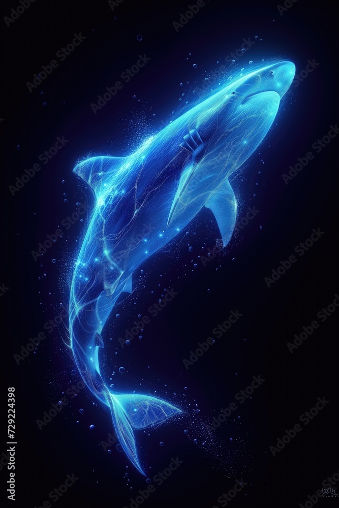 A futuristic neon shark swimming gracefully through electric-blue waters, showcasing the beauty and power of marine life, at black background A futuristic neon shark swimming gracefully through electric-blue waters, showcasing the beauty and power of marine life, at black background