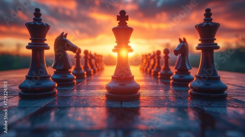 A conceptual image of a chessboard with strategic pieces arranged on it, representing competition, planning, and strategic decision-making in business and corporate management