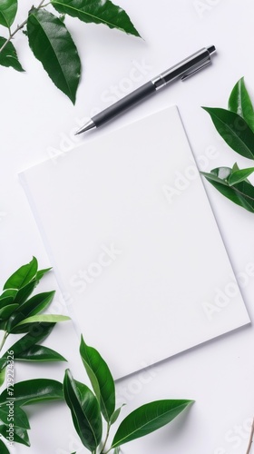 Blank White Paper Surrounded by Green Leaves on Desk. Background for Instagram Story, Banner