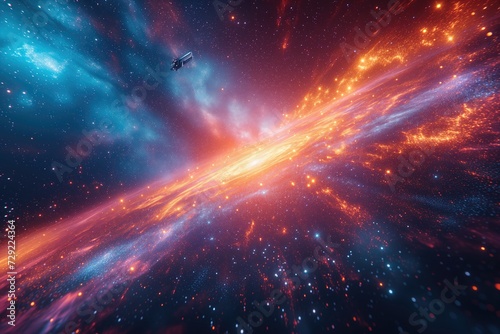 A dramatic shot of a spacecraft traveling through a colorful nebula, with stars streaking past in a blur, illustrating the excitement and adventure of interstellar travel