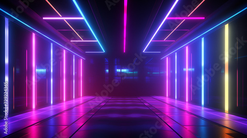 A Long Hallway Illuminated With Neon Lights, Futuristic hall. Copy space.