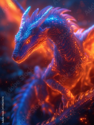 A fantastical neon dragon soaring through a neon-lit sky, breathing neon flames and exuding power and mystique