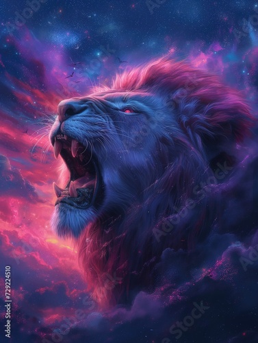 A neon lion roaring majestically against a backdrop of cosmic skies, symbolizing strength and leadership in the wild