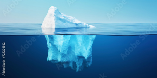 White Iceberg floating in clear blue water sea  under and above water view. Global Warming Concept. Generative AI