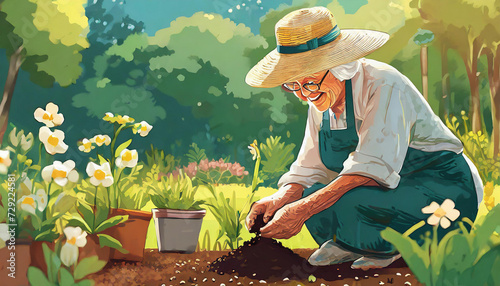 old lady planting flowers in garden, art design