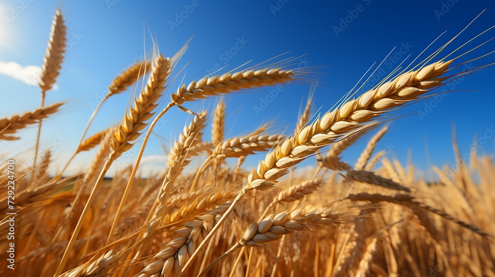 Wheat field. Ears of golden wheat close up. Rich harvest Concept.