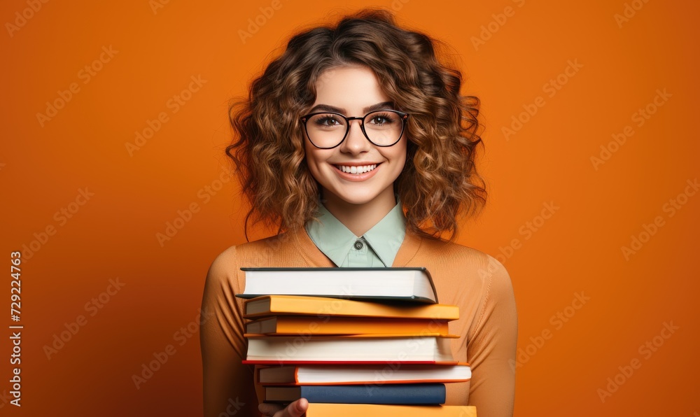 a beautiful girl looking at the camera and holding books on an orange background