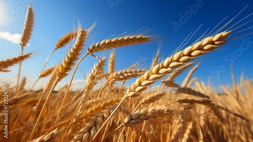 Wheat field. Ears of golden wheat close up. Rich harvest Concept.