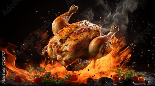 Whole roasted chicken on a dark background with flames and smoke.