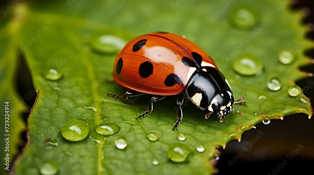 ladybug on green leaf with dew drops macro close up ladybug on green leaf with dew drops macro close up