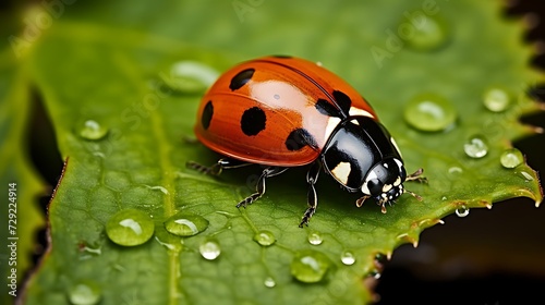 ladybug on green leaf with dew drops macro close up