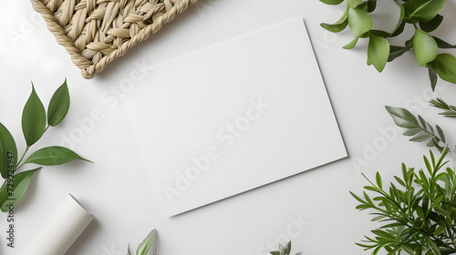 Rectangular blank white empty paper board in romantic mockup for advertising invitation message, space for text, minimalistic, love wedding flowery note concept photo